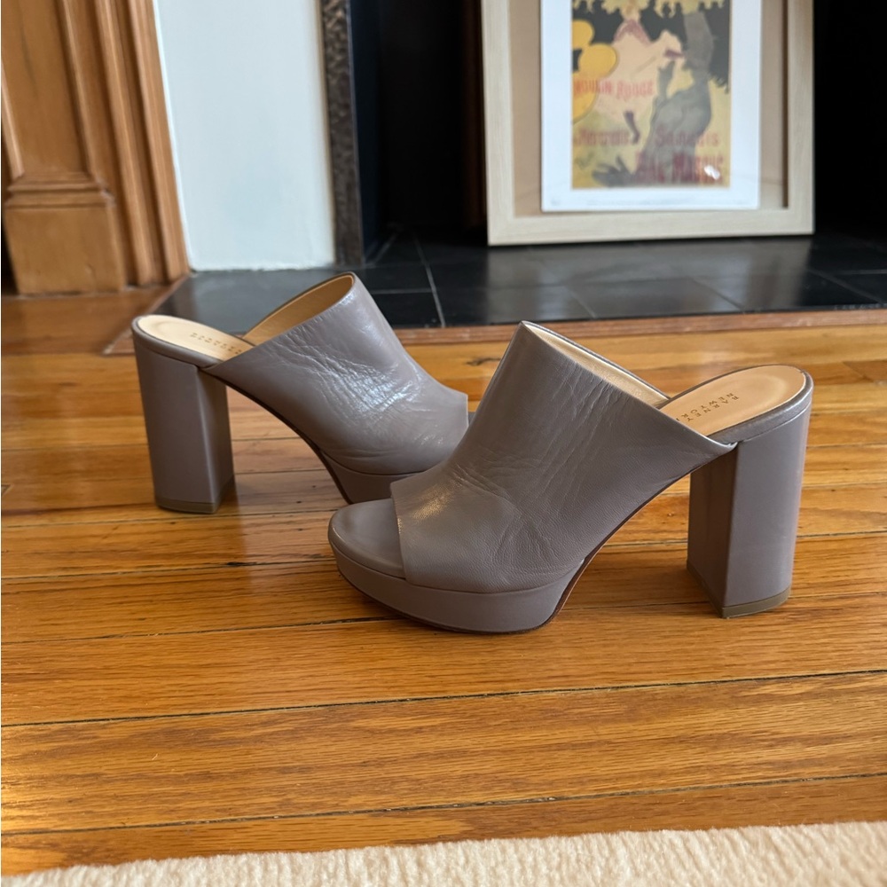 Elegant Taupe/Grey Barneys New York Leather Mules
